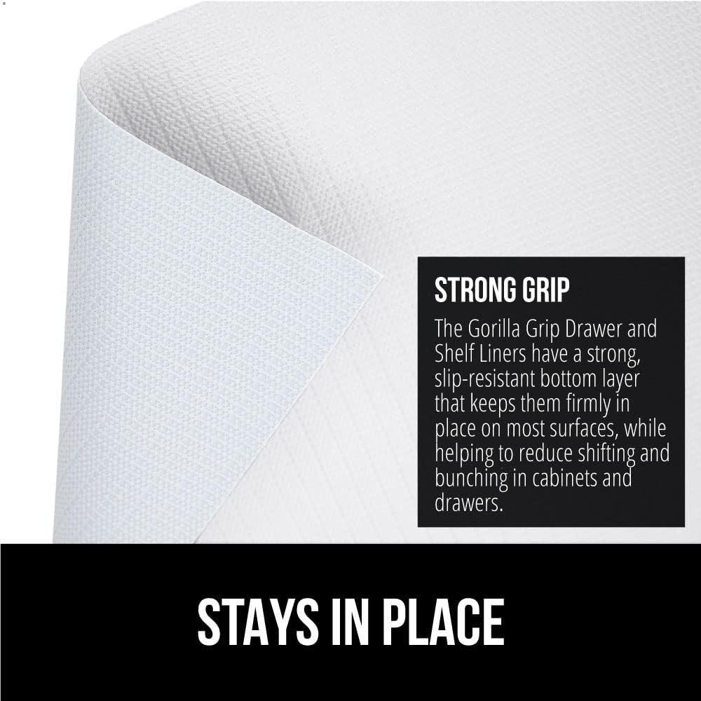 GORILLA GRIP Slip Resistant Drawer and Shelf Liner 2 Pack, Non Adhesive Water Resistant, Easy Clean and Trim, Smooth Surface Liners for Kitchen Cabinet, Shelves, Drawers, Pantry, 12 in x 20 FT, White