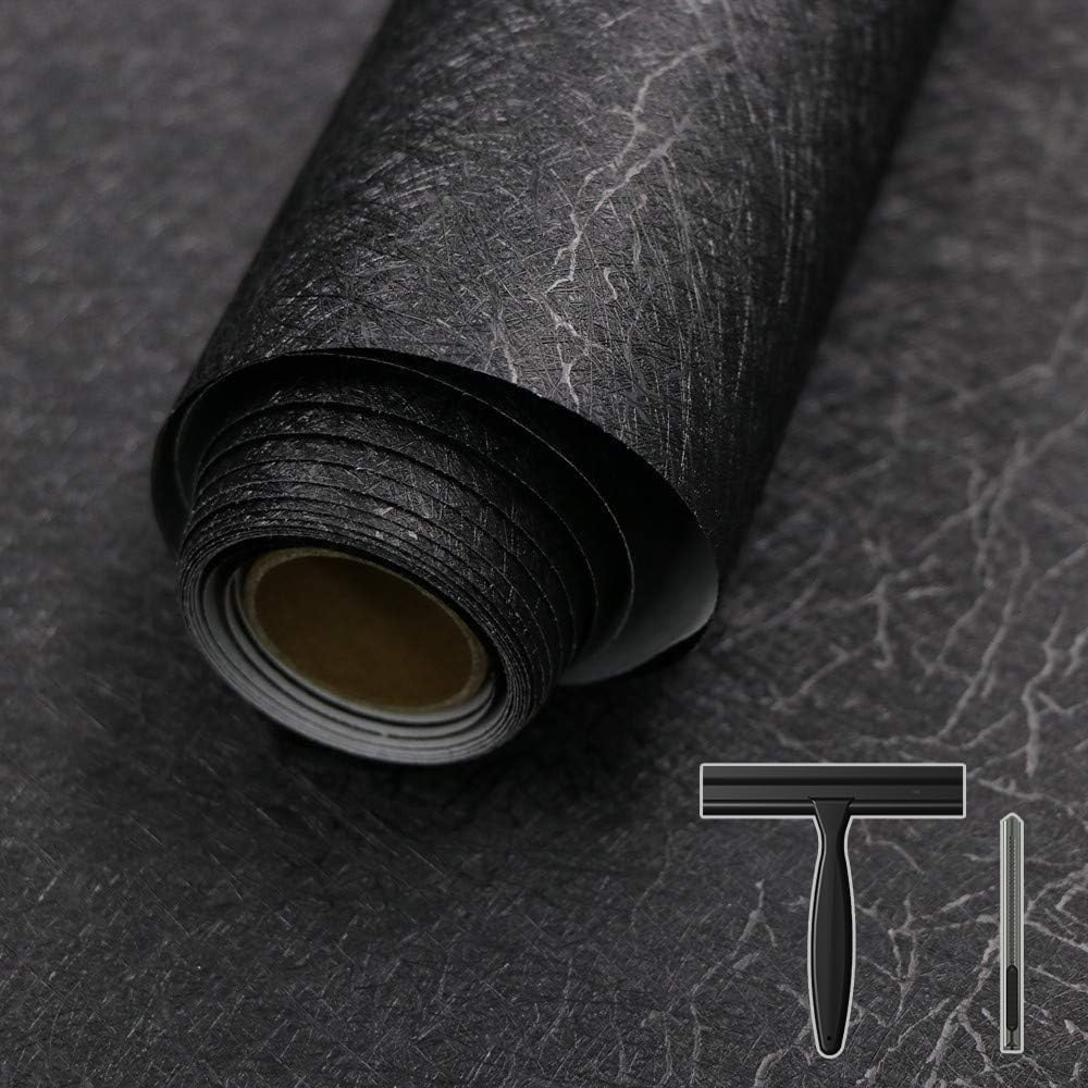 Abyssaly Black Silk Wallpaper Peel and Stick 15.7" X 984.2" Embossed Self Adhesive Black Contact Paper Removable Kitchen Vinyl Textured Wall Paper Cabinet Furniture Shelf Liner