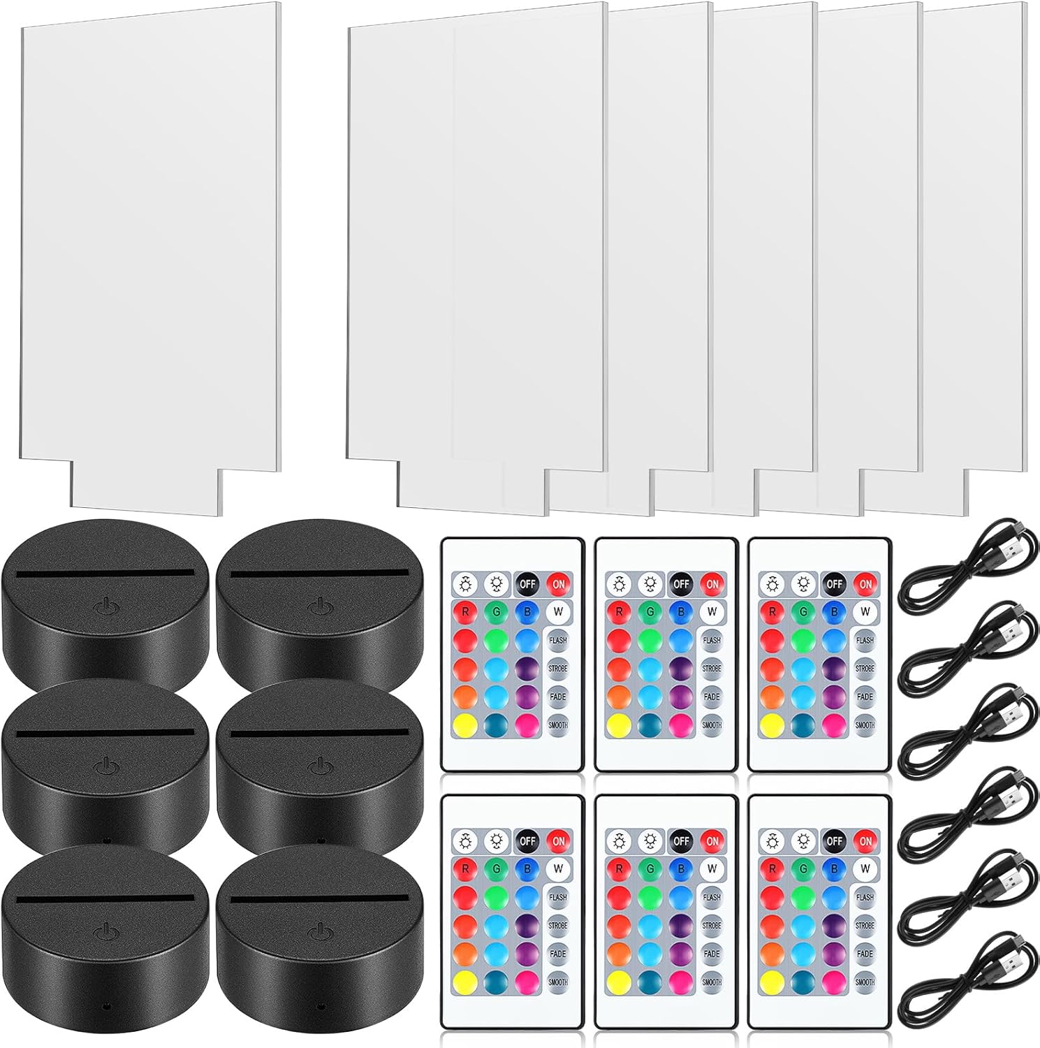 Honoson 6 Sets 3D Night LED Light Lamp Base Clear Acrylic Sheets Remote Controls and USB Charging Cables for Restaurant Bar Cafe Shop Room Decoration(Square Style)
