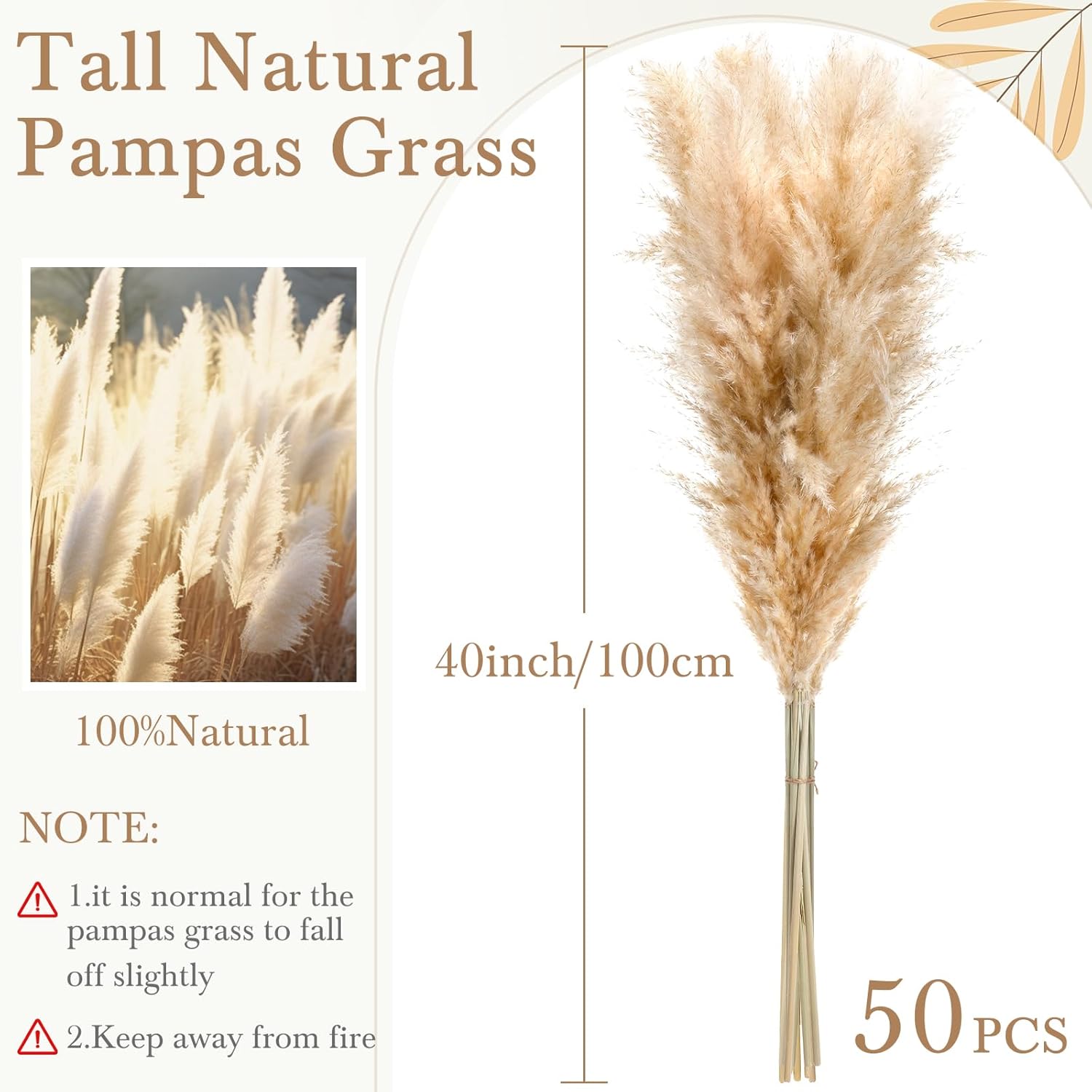 Tigeen 50 Pcs 40 Inch Tall Pampas Grass Stems Beige Fluffy Natural Dried Pampas Grass Floral Decor, Bouquet for Floor Vase, Wedding Floral Arrangements, Party, Farmhouse, Boho Home Decor