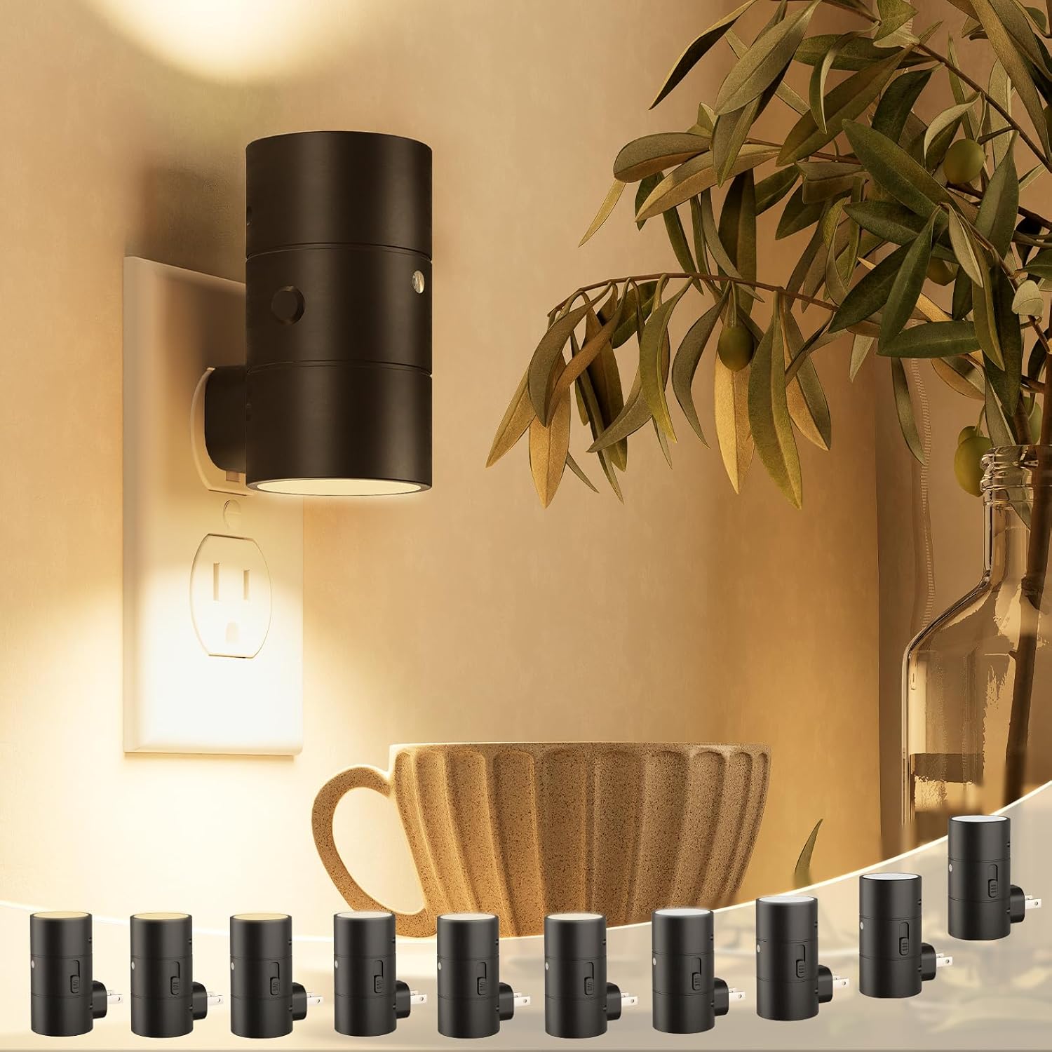 NIORSUN Night Lights Plug into Wall, Dimmable with 3 Color Modes & Auto On/Off Sensor, Ultra-Slim Nightlight for Hallway, Bathroom, Bedroom, Nursery, Kitchen (6 Pack, Black)