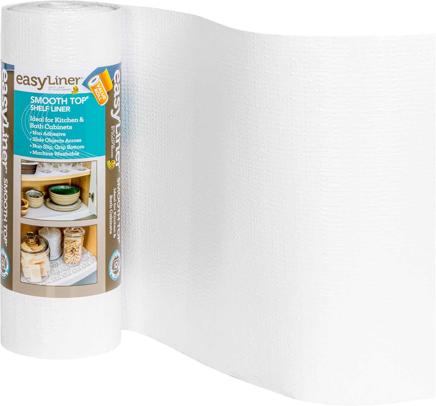 Smooth Top EasyLiner for Cabinets & Drawers - Easy to Install & Cut to Fit - Shelf Paper & Drawer Liner Non Adhesive - Non Slip Shelf Liner for Kitchen Pantry - 12 Inch Width - 60 Total Feet - White