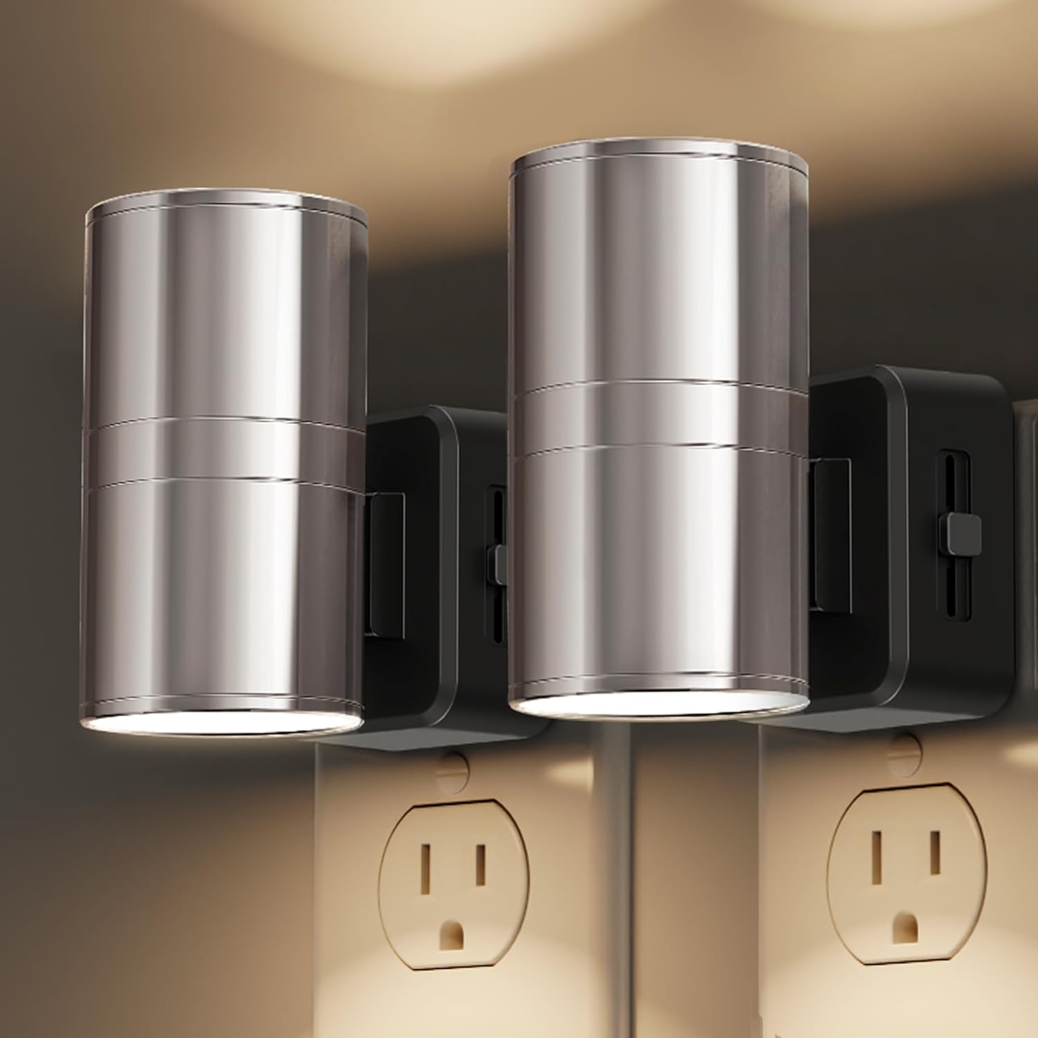 L LOHAS LED Night Light Plug in, 4 Pack, Dimmable Night Lights Plug into Wall, Light Sensor Nightlight, Soft White 3000K with Black Shade, Plug in Nightlights for Hallway Bathroom Kitchen Bedroom