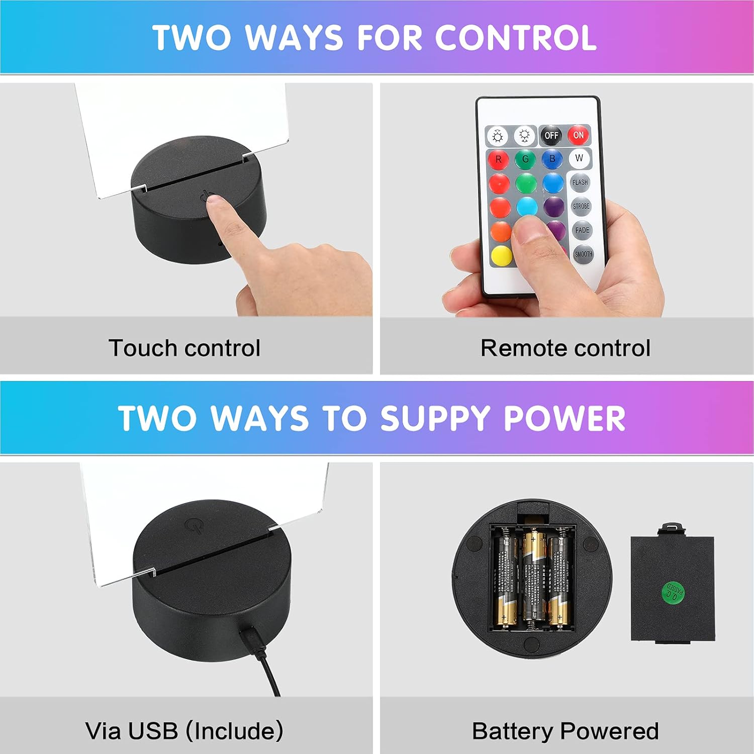 Honoson 6 Sets 3D Night LED Light Lamp Base Clear Acrylic Sheets Remote Controls and USB Charging Cables for Restaurant Bar Cafe Shop Room Decoration(Square Style)