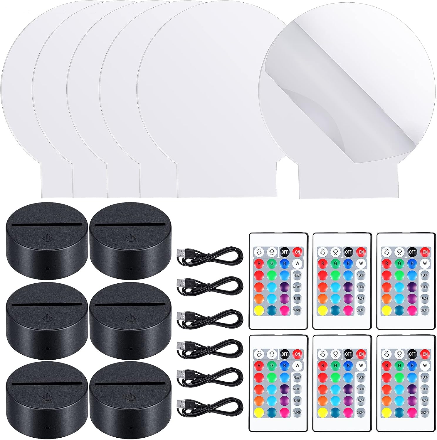 Honoson 6 Sets 3D Night LED Light Lamp Base Clear Acrylic Sheets Remote Controls and USB Charging Cables for Restaurant Bar Cafe Shop Room Decoration(Square Style)