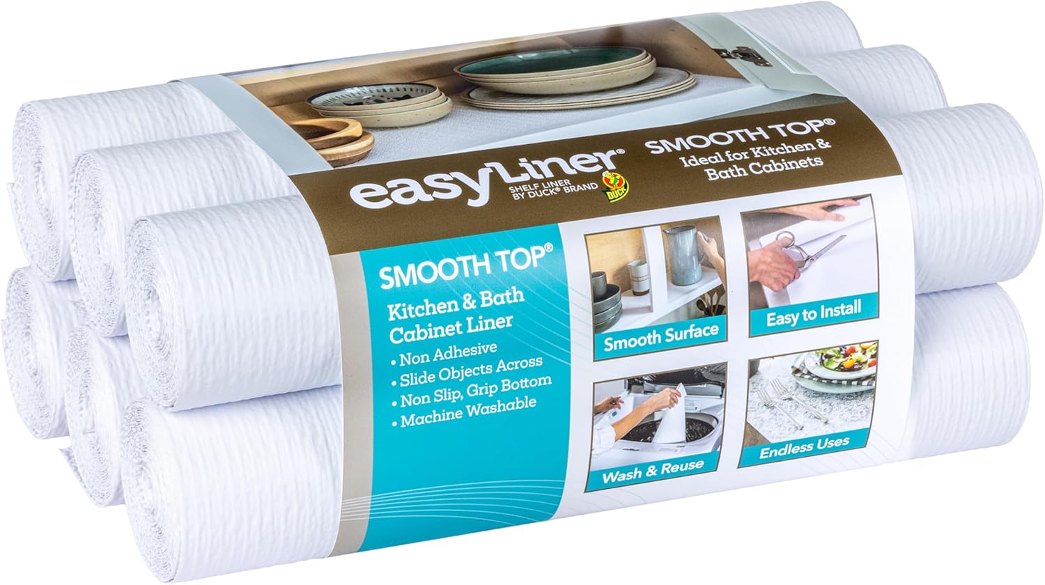 Smooth Top EasyLiner for Cabinets & Drawers - Easy to Install & Cut to Fit - Shelf Paper & Drawer Liner Non Adhesive - Non Slip Shelf Liner - 12in. x 10ft. - 6 Roll Project Pack - Taupe Buds