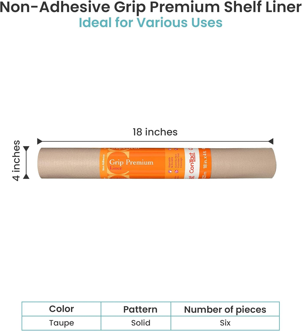 Con-Tact Brand Grip Premium Thick Shelf Liner - Versatile 18-inches x 4-feet Durable Non-Adhesive Non-Slip Drawer and Cabinet Liner in Taupe - Pack of 6 Rolls