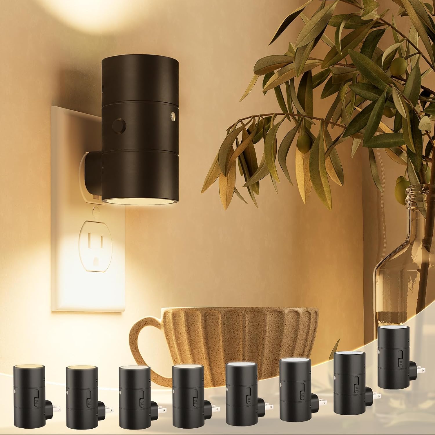 NIORSUN Night Lights Plug into Wall, Dimmable with 3 Color Modes & Auto On/Off Sensor, Ultra-Slim Nightlight for Hallway, Bathroom, Bedroom, Nursery, Kitchen (6 Pack, Black)
