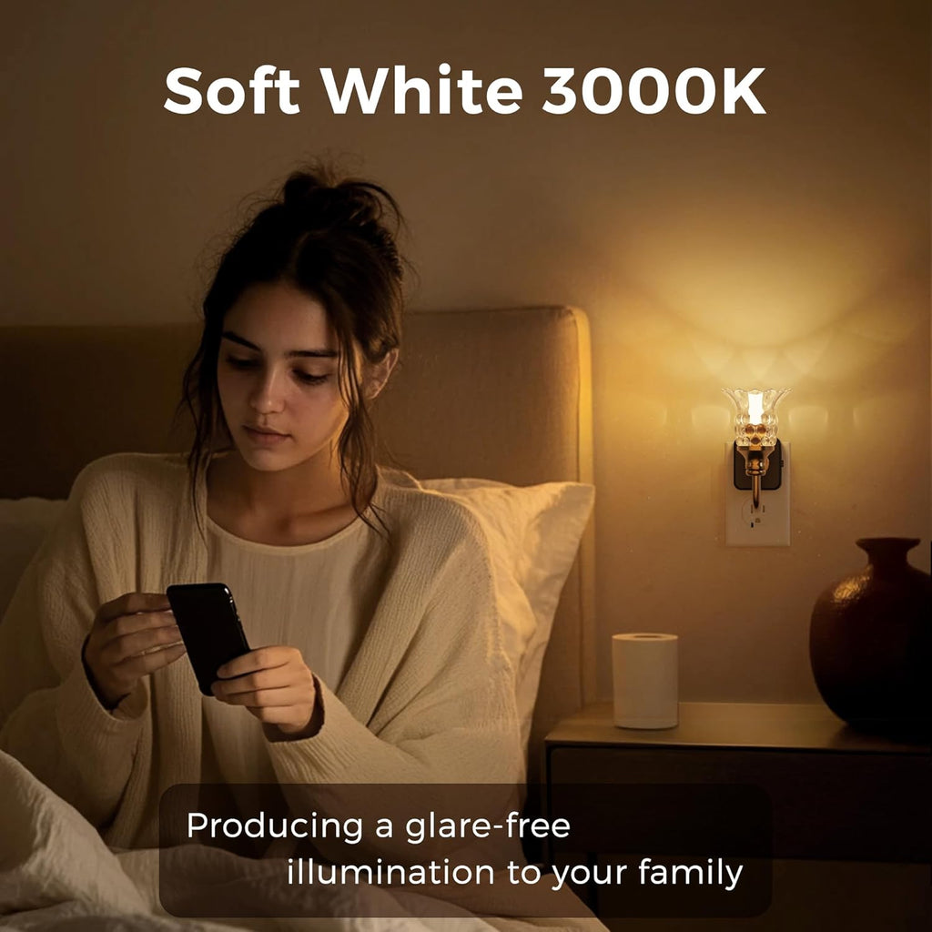 L LOHAS LED Night Lights Plug into Wall, 2 Pack 3000K Soft White LED Floral Night Light with Auto Sensor, 0-100lm Adjustable Brightness Plug in Nightlight, for Hallway Bedroom Stairway Gift