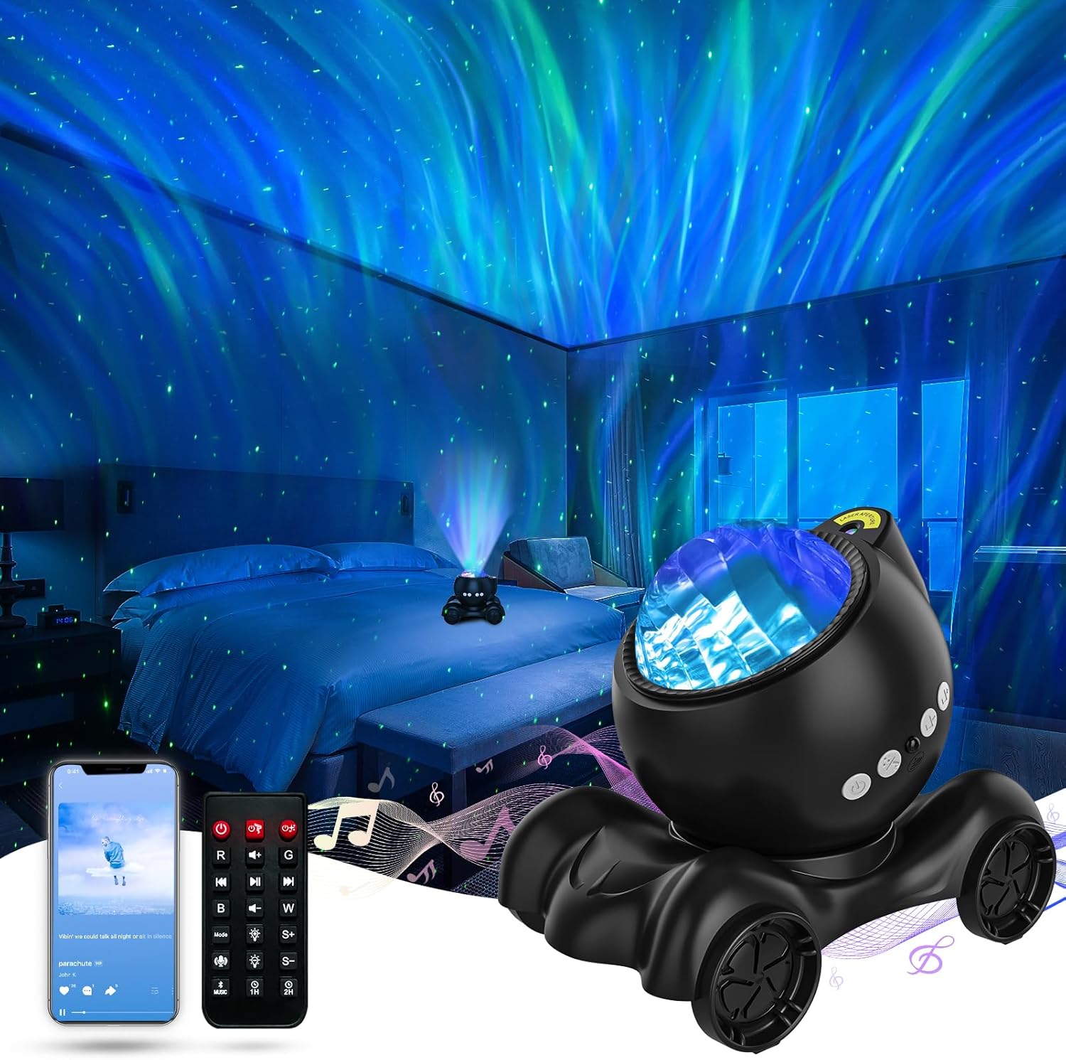 ENOKIK Galaxy Projector, Star Aurora Projector Built-in Bluetooth Speaker, Night Light for Kids Adults, White Noise Light for Home Decor/Relaxation/Party/Music/Gift (Black)