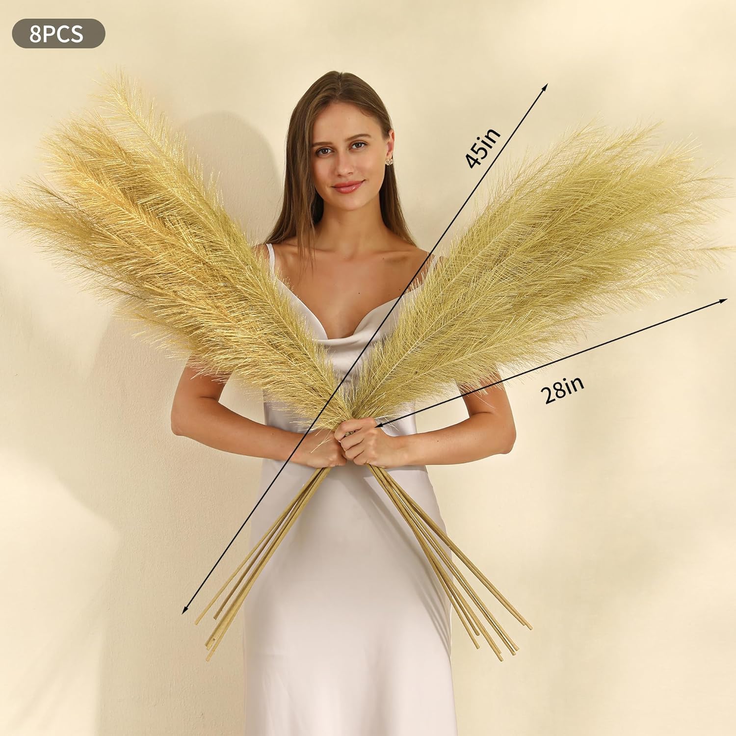 Wertuirk Gold Pampas Grass Decor - 45-Inch Set of 8 | Faux Tall Pampas Grass Soft and Fluffy | Perfect for Wedding Centerpieces, Great Gatsby Party Decorations and Glam Room Decor