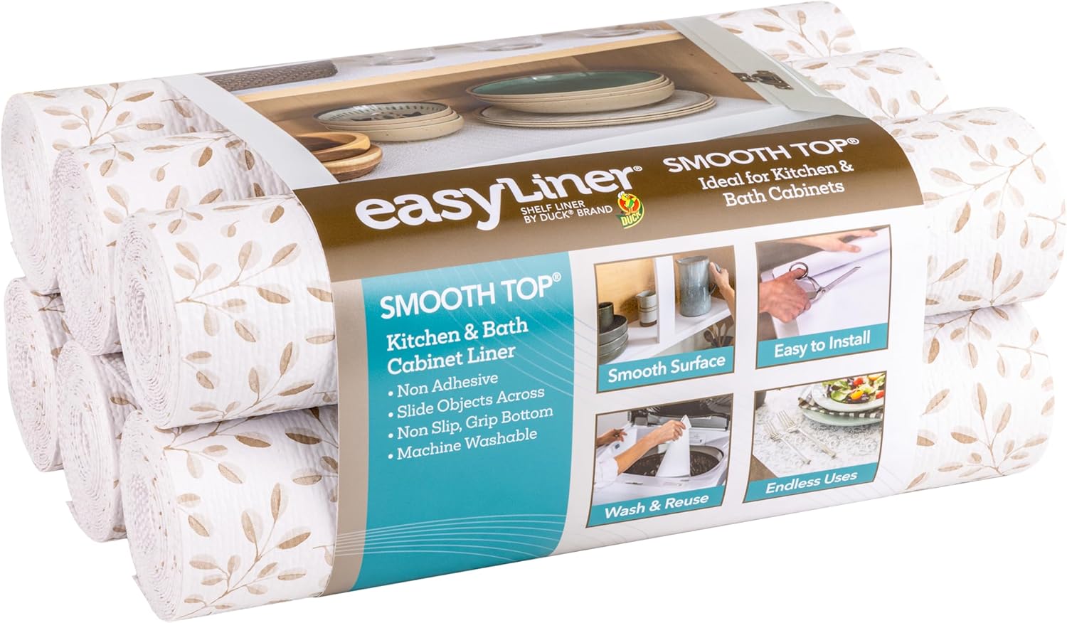 Smooth Top EasyLiner for Cabinets & Drawers - Easy to Install & Cut to Fit - Shelf Paper & Drawer Liner Non Adhesive - Non Slip Shelf Liner - 12in. x 10ft. - 6 Roll Project Pack - Taupe Buds