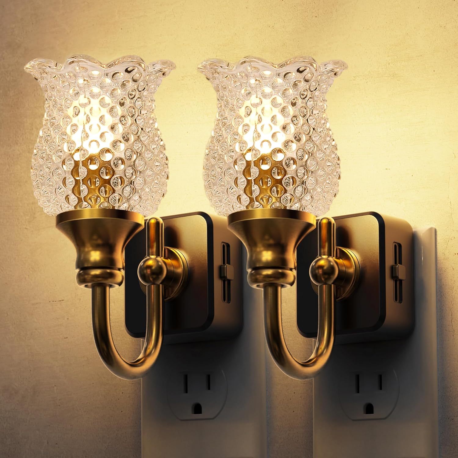 L LOHAS LED Night Lights Plug into Wall, 2 Pack 3000K Soft White LED Floral Night Light with Auto Sensor, 0-100lm Adjustable Brightness Plug in Nightlight, for Hallway Bedroom Stairway Gift