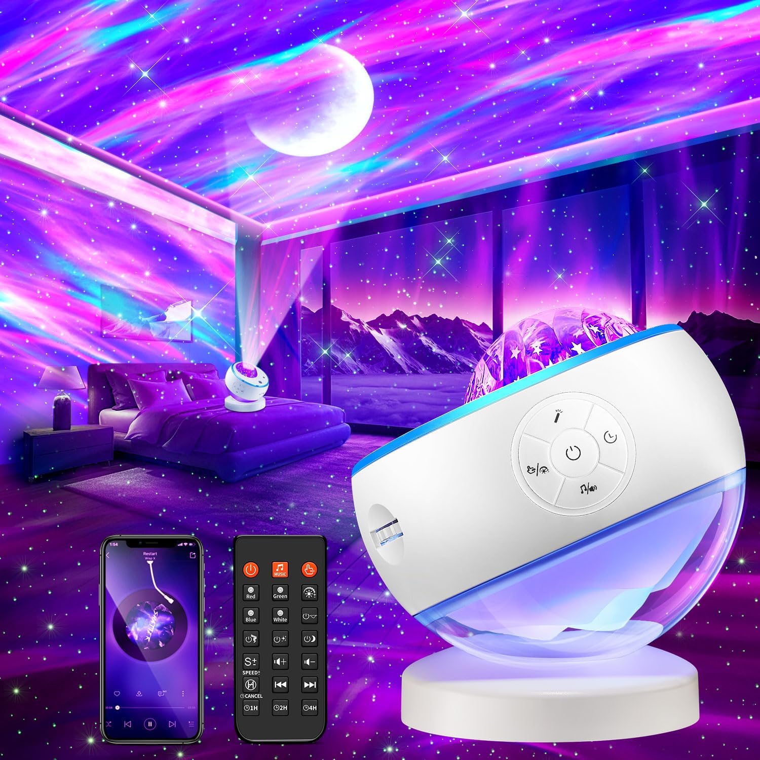 One Fire Northern Lights Projector,300+Color Modes Galaxy Projector for Bedroom, 15 White Noise Galaxy Light Projector, 5Moon Star Projector, Bluetooth Aurora Light Projector, Remote Timer Star Lights