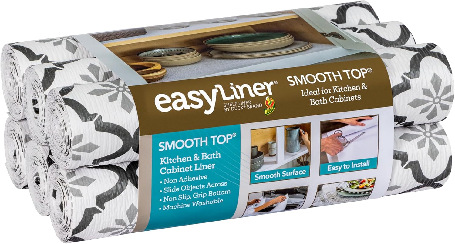 Smooth Top EasyLiner for Cabinets & Drawers - Easy to Install & Cut to Fit - Shelf Paper & Drawer Liner Non Adhesive - Non Slip Shelf Liner - 12in. x 10ft. - 6 Roll Project Pack - Taupe Buds