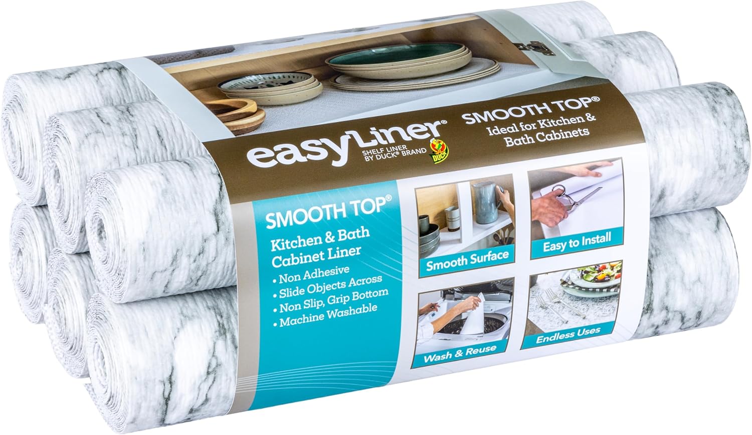 Smooth Top EasyLiner for Cabinets & Drawers - Easy to Install & Cut to Fit - Shelf Paper & Drawer Liner Non Adhesive - Non Slip Shelf Liner for Kitchen Pantry - 12 Inch Width - 60 Total Feet - White