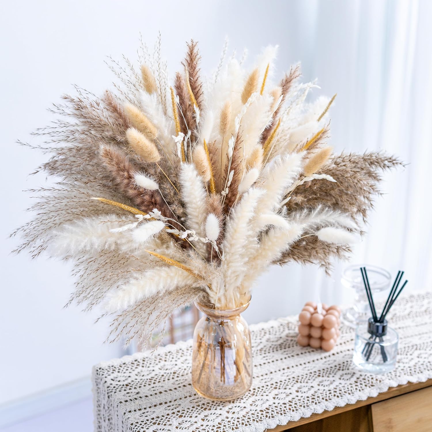 440PCS Natural Pampas Grass Mix Bouquet | Dried Pampas Bouquet for Wedding Boho Flowers Home Table Decor Desk Decor, Rustic Farmhouse Decor (440PCS)