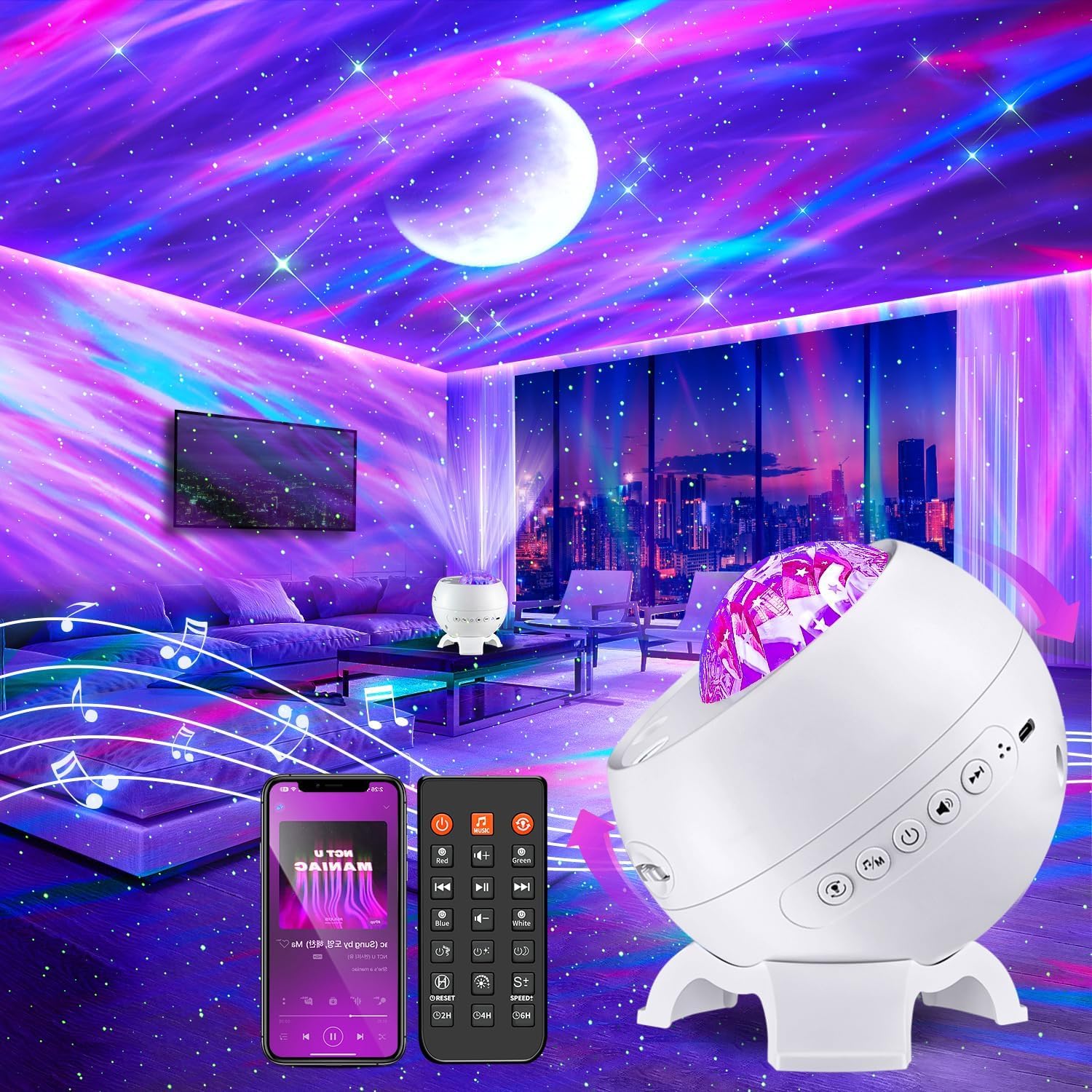 One Fire Northern Lights Projector,300+Color Modes Galaxy Projector for Bedroom, 15 White Noise Galaxy Light Projector, 5Moon Star Projector, Bluetooth Aurora Light Projector, Remote Timer Star Lights