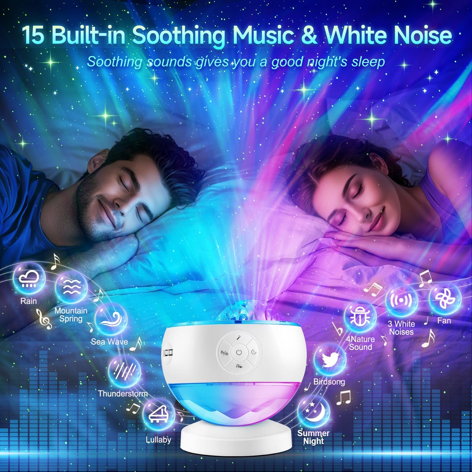 One Fire Northern Lights Projector,300+Color Modes Galaxy Projector for Bedroom, 15 White Noise Galaxy Light Projector, 5Moon Star Projector, Bluetooth Aurora Light Projector, Remote Timer Star Lights