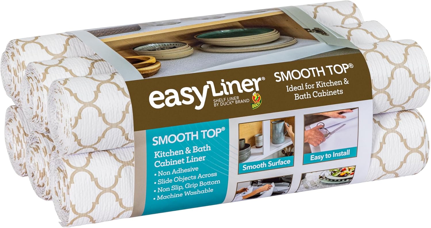 Smooth Top EasyLiner for Cabinets & Drawers - Easy to Install & Cut to Fit - Shelf Paper & Drawer Liner Non Adhesive - Non Slip Shelf Liner - 12in. x 10ft. - 6 Roll Project Pack - Taupe Buds