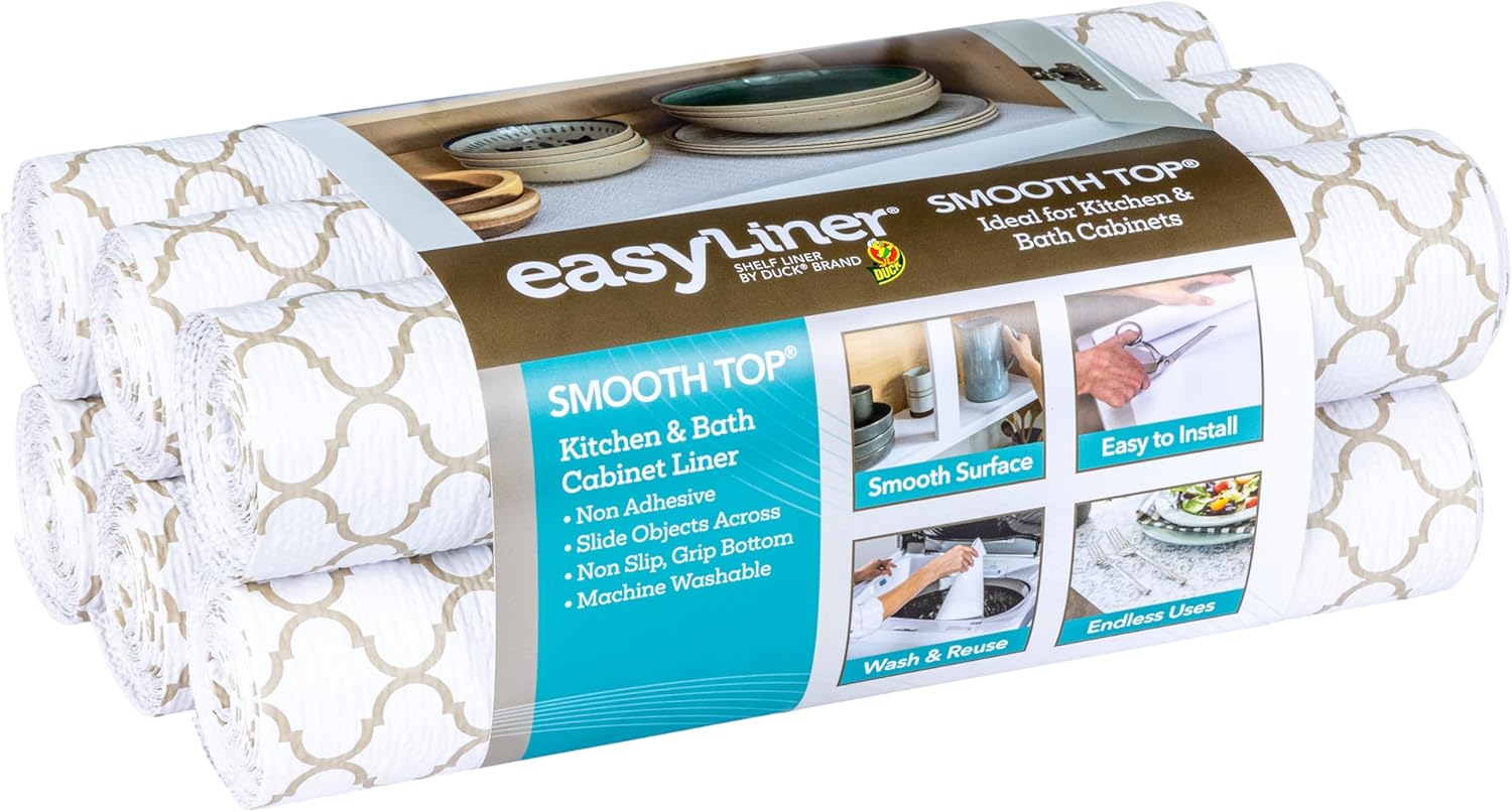 Smooth Top EasyLiner for Cabinets & Drawers - Easy to Install & Cut to Fit - Shelf Paper & Drawer Liner Non Adhesive - Non Slip Shelf Liner for Kitchen Pantry - 12 Inch Width - 60 Total Feet - White