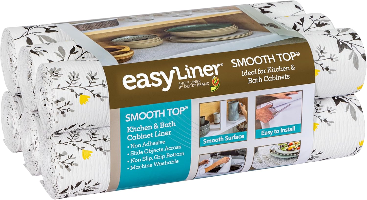 Smooth Top EasyLiner for Cabinets & Drawers - Easy to Install & Cut to Fit - Shelf Paper & Drawer Liner Non Adhesive - Non Slip Shelf Liner for Kitchen Pantry - 12 Inch Width - 60 Total Feet - White