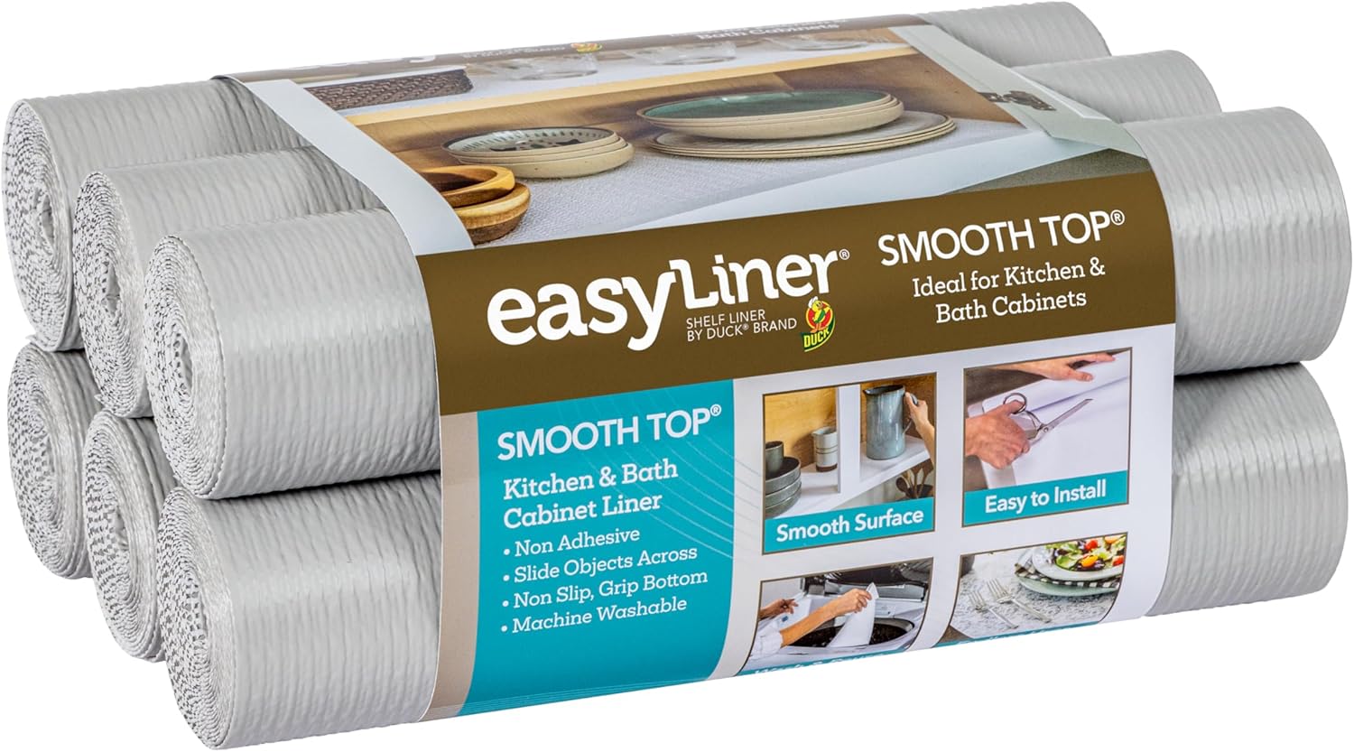 Smooth Top EasyLiner for Cabinets & Drawers - Easy to Install & Cut to Fit - Shelf Paper & Drawer Liner Non Adhesive - Non Slip Shelf Liner - 12in. x 10ft. - 6 Roll Project Pack - Taupe Buds