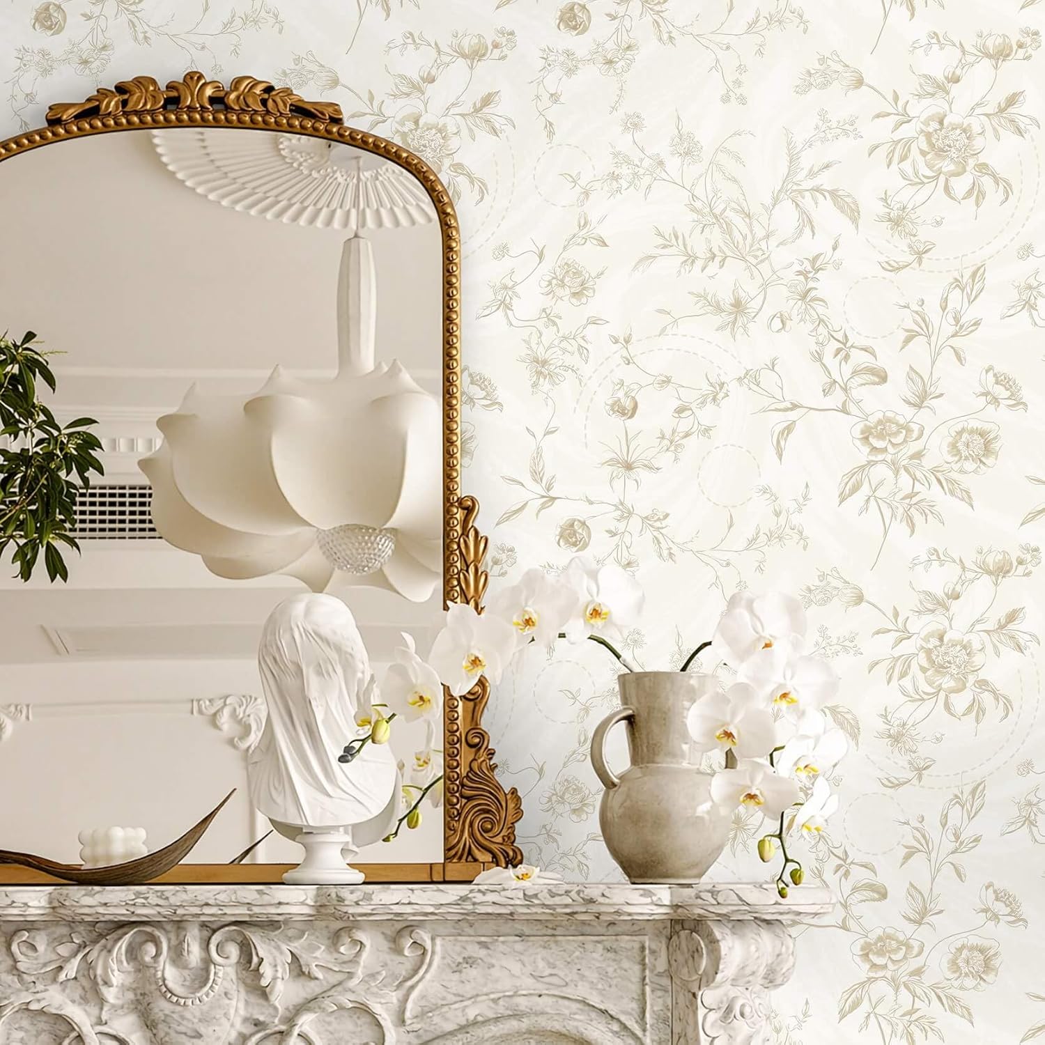 Ismoon Floral Peel and Stick Wallpaper Vintage Beige Stick on Wall Paper French Textured Contact Paper for Cabinet Removable Self Adhesive Wallpaper Vinyl Roll Shelf Decro, 17.3x393in