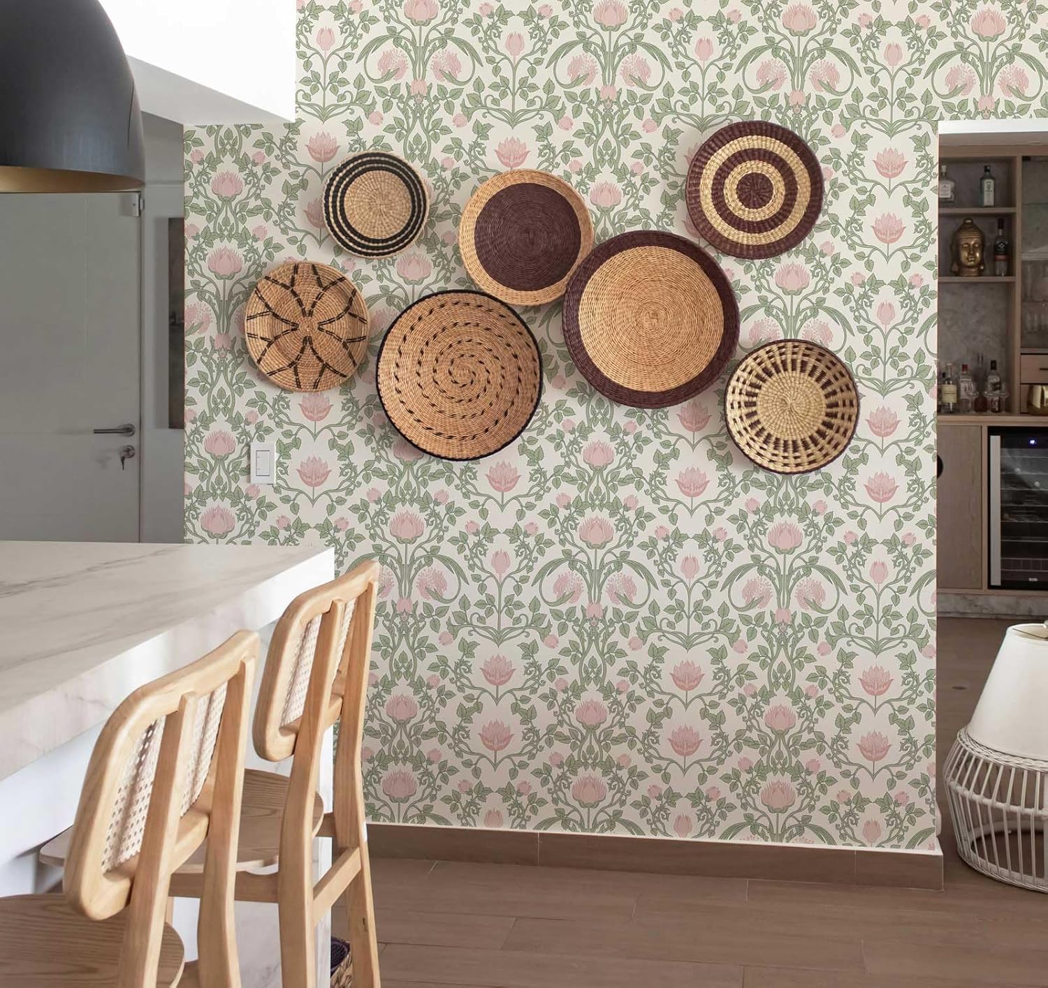 YXTII Floral Wallpaper Peel and Stick - 393.7" × 17.3" Pink and Green Wallpaper for Bedroom Decorative Self Adhesive Shelf Drawer Liner