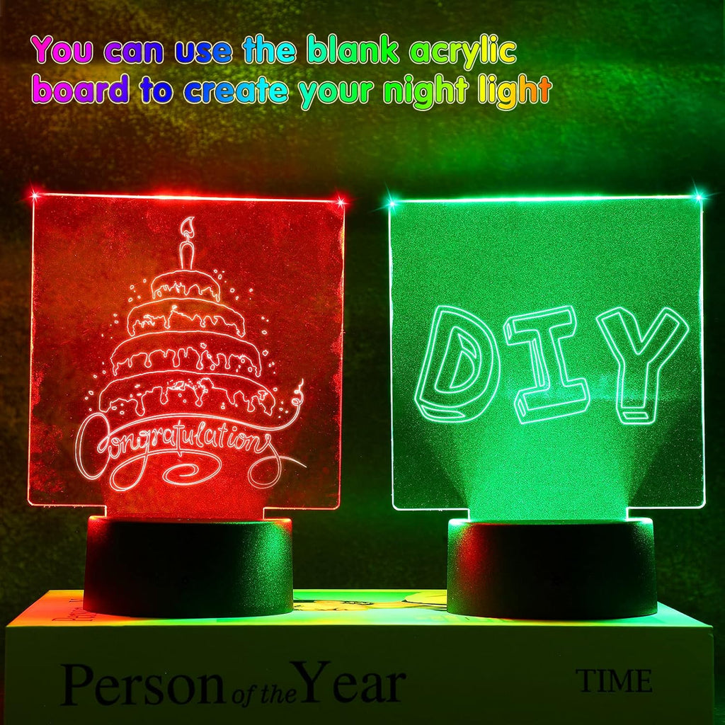 Honoson 6 Sets 3D Night LED Light Lamp Base Clear Acrylic Sheets Remote Controls and USB Charging Cables for Restaurant Bar Cafe Shop Room Decoration(Square Style)