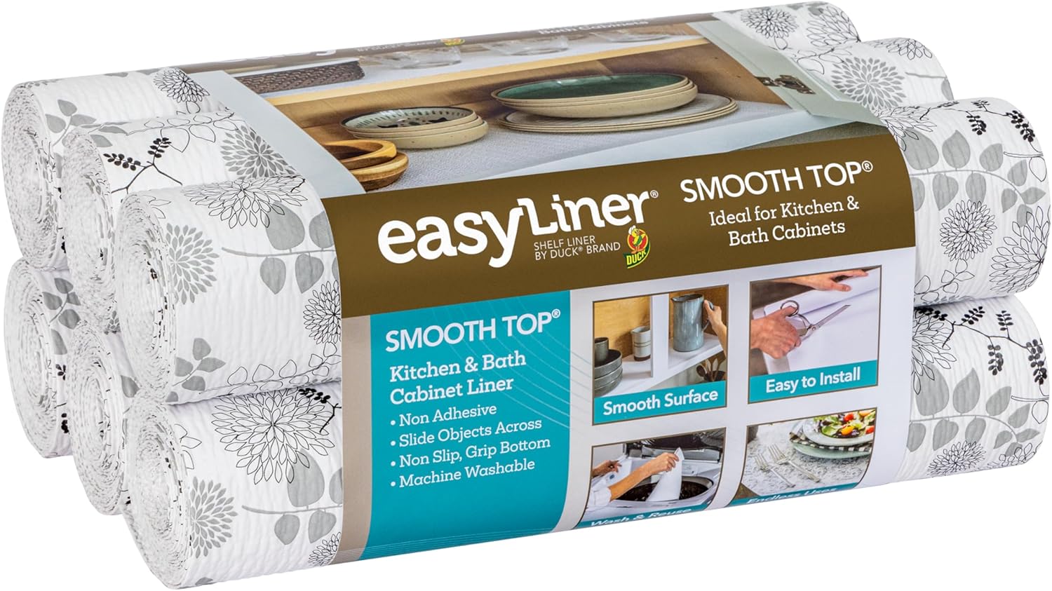 Smooth Top EasyLiner for Cabinets & Drawers - Easy to Install & Cut to Fit - Shelf Paper & Drawer Liner Non Adhesive - Non Slip Shelf Liner - 12in. x 10ft. - 6 Roll Project Pack - Taupe Buds
