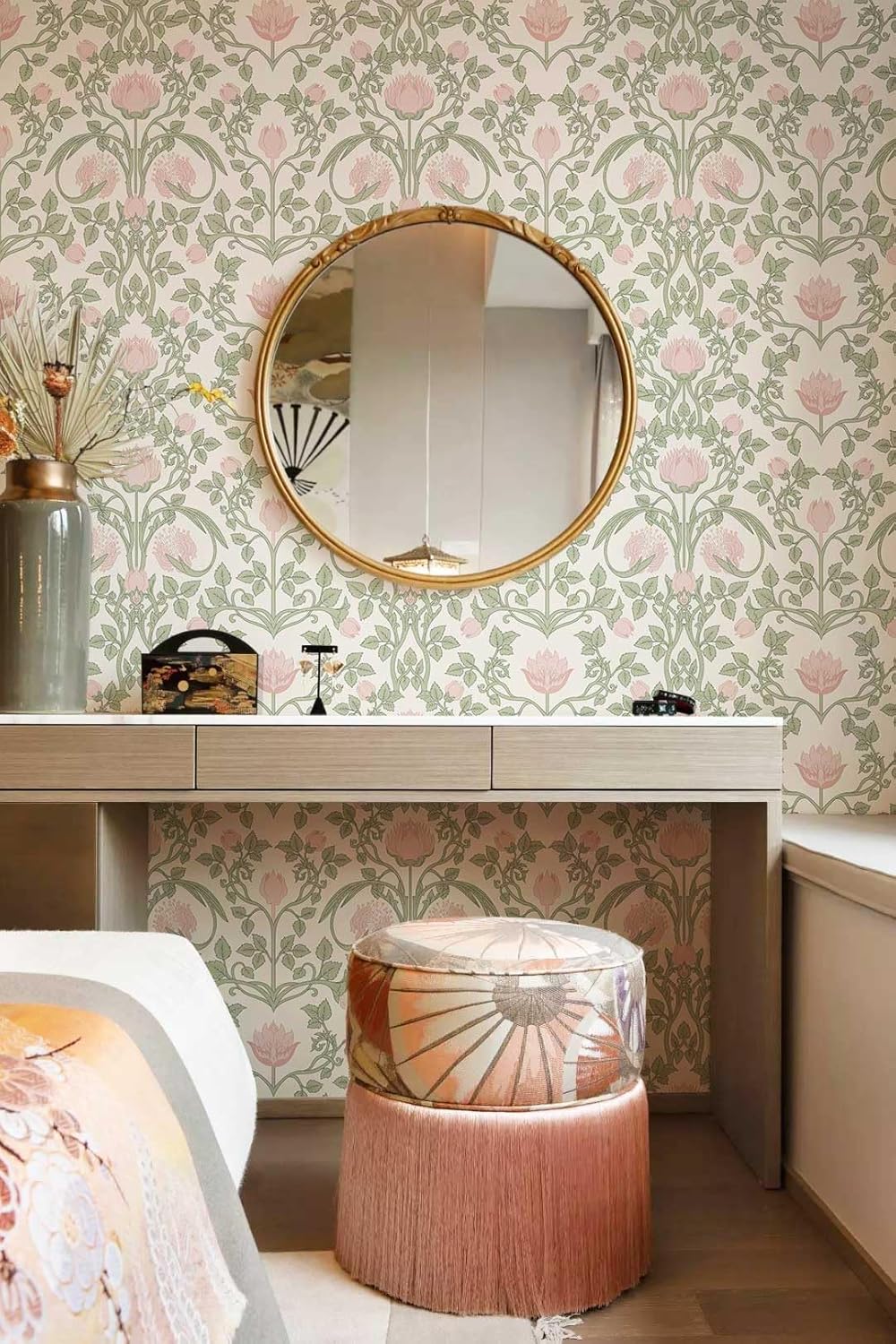 YXTII Floral Wallpaper Peel and Stick - 393.7" × 17.3" Pink and Green Wallpaper for Bedroom Decorative Self Adhesive Shelf Drawer Liner