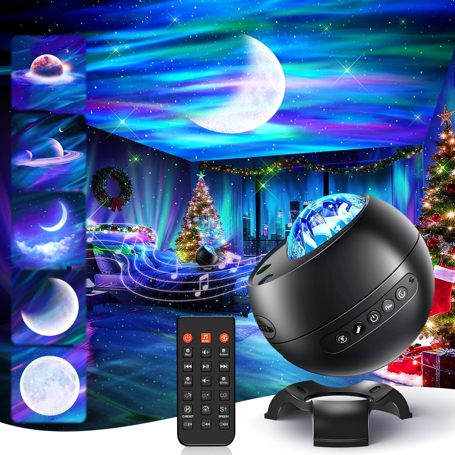 One Fire Northern Lights Projector,300+Color Modes Galaxy Projector for Bedroom, 15 White Noise Galaxy Light Projector, 5Moon Star Projector, Bluetooth Aurora Light Projector, Remote Timer Star Lights