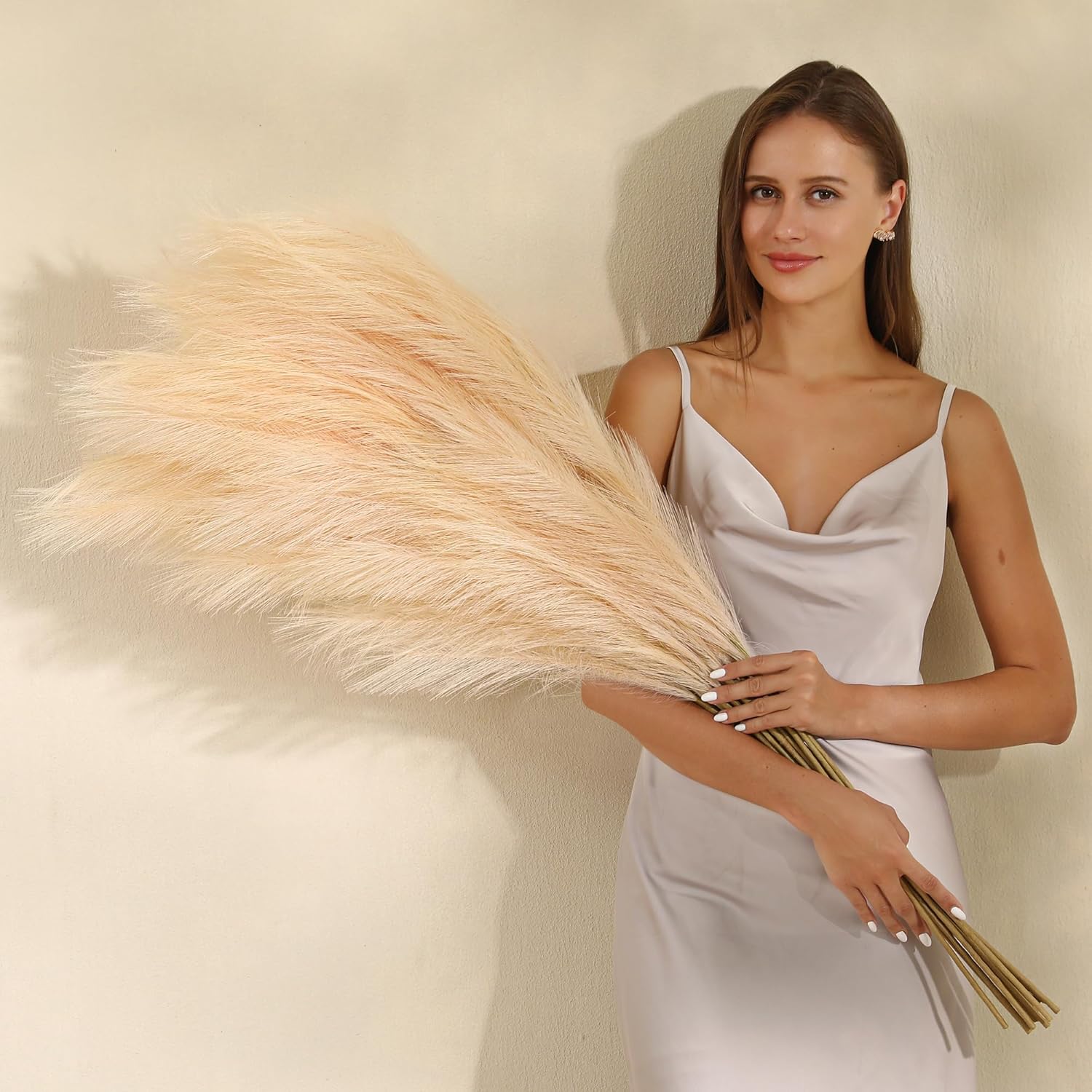 Wertuirk Gold Pampas Grass Decor - 45-Inch Set of 8 | Faux Tall Pampas Grass Soft and Fluffy | Perfect for Wedding Centerpieces, Great Gatsby Party Decorations and Glam Room Decor