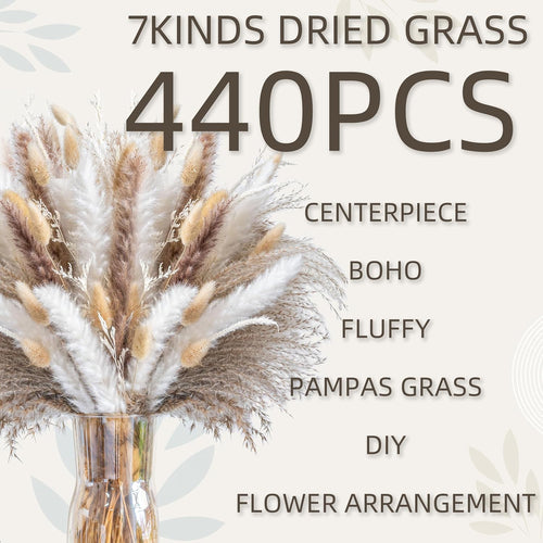 440PCS Natural Pampas Grass Mix Bouquet | Dried Pampas Bouquet for Wedding Boho Flowers Home Table Decor Desk Decor, Rustic Farmhouse Decor (440PCS)