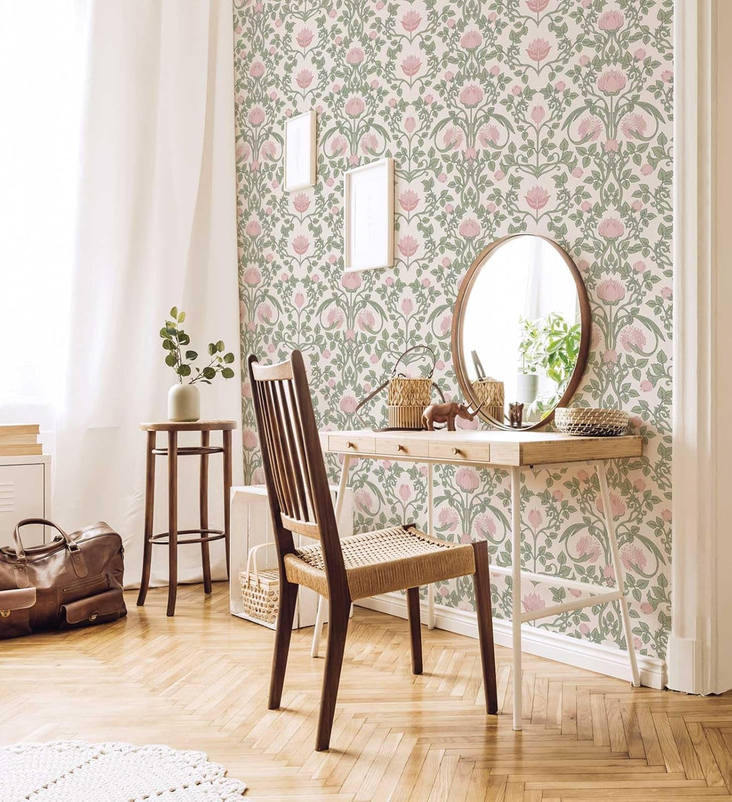 YXTII Floral Wallpaper Peel and Stick - 393.7" × 17.3" Pink and Green Wallpaper for Bedroom Decorative Self Adhesive Shelf Drawer Liner