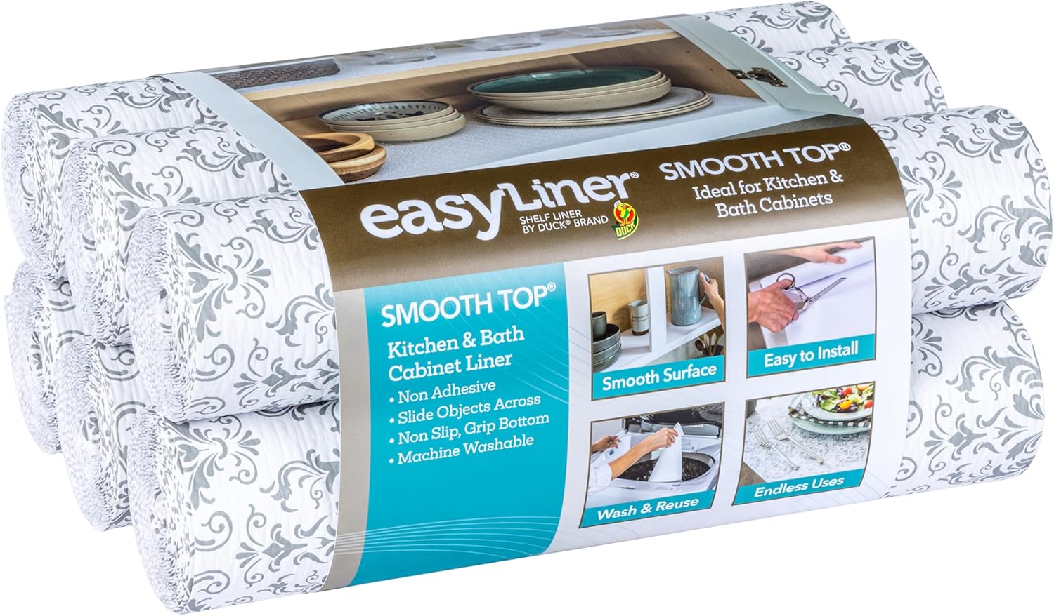 Smooth Top EasyLiner for Cabinets & Drawers - Easy to Install & Cut to Fit - Shelf Paper & Drawer Liner Non Adhesive - Non Slip Shelf Liner for Kitchen Pantry - 12 Inch Width - 60 Total Feet - White