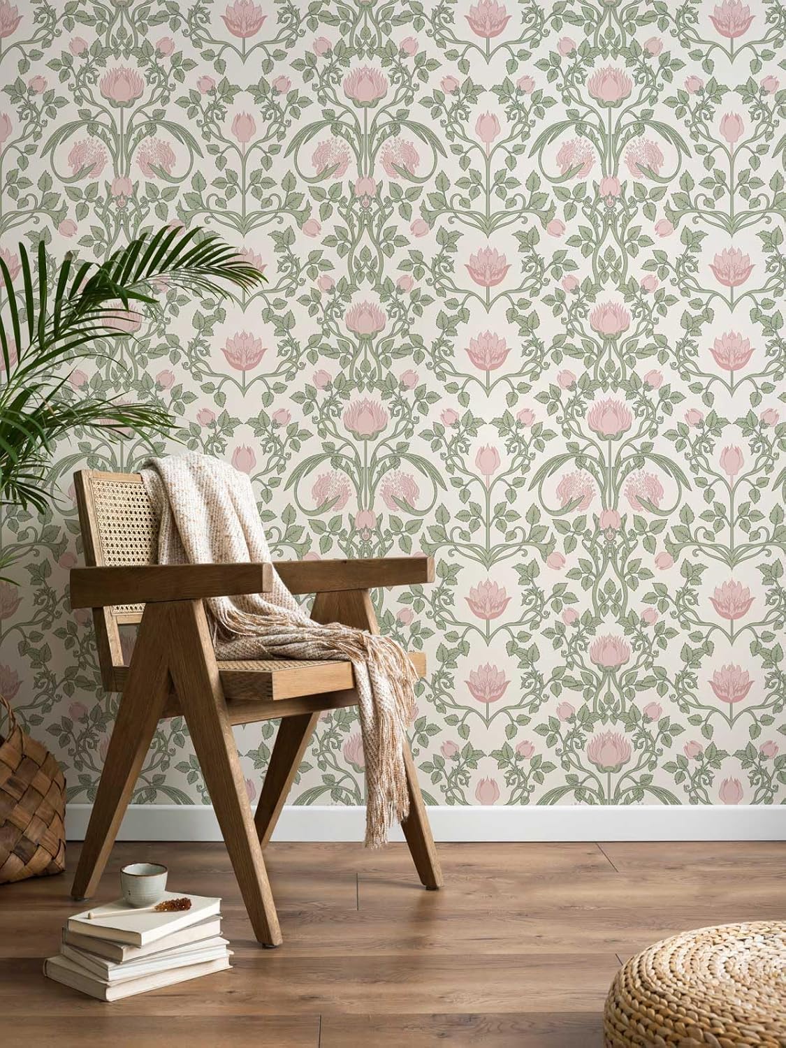 YXTII Floral Wallpaper Peel and Stick - 393.7" × 17.3" Pink and Green Wallpaper for Bedroom Decorative Self Adhesive Shelf Drawer Liner
