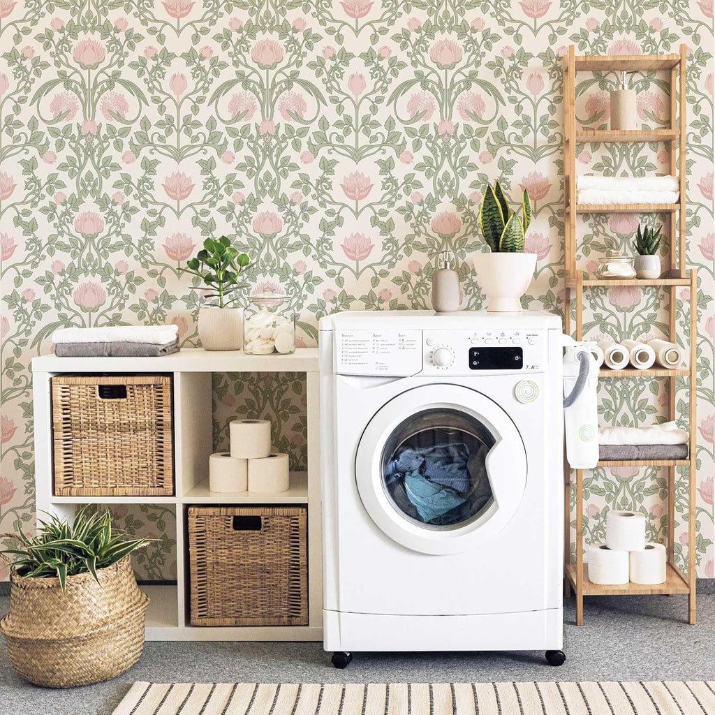 YXTII Floral Wallpaper Peel and Stick - 393.7" × 17.3" Pink and Green Wallpaper for Bedroom Decorative Self Adhesive Shelf Drawer Liner