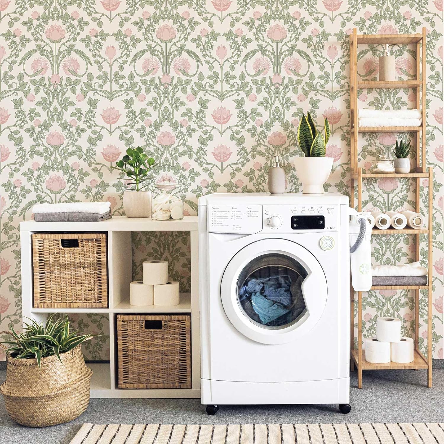 YXTII Floral Wallpaper Peel and Stick - 393.7" × 17.3" Pink and Green Wallpaper for Bedroom Decorative Self Adhesive Shelf Drawer Liner