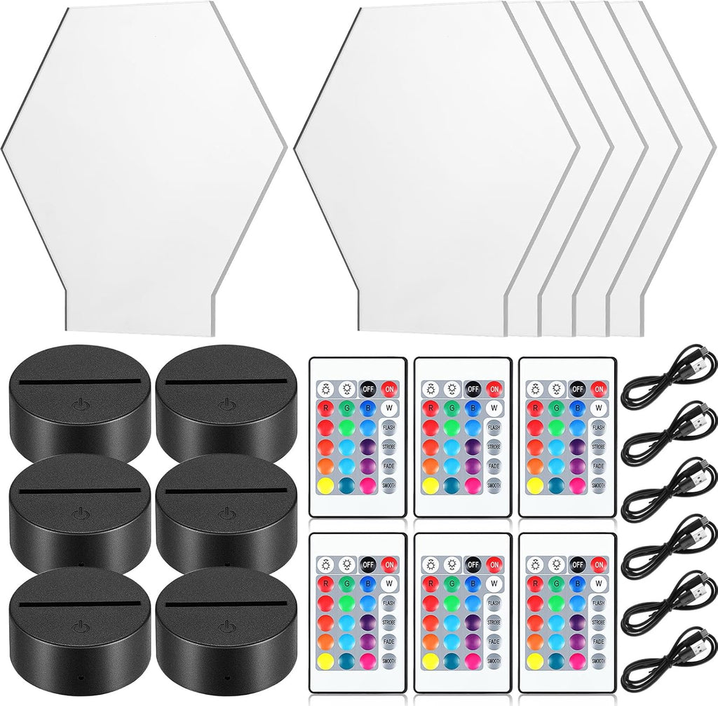 Honoson 6 Sets 3D Night LED Light Lamp Base Clear Acrylic Sheets Remote Controls and USB Charging Cables for Restaurant Bar Cafe Shop Room Decoration(Square Style)