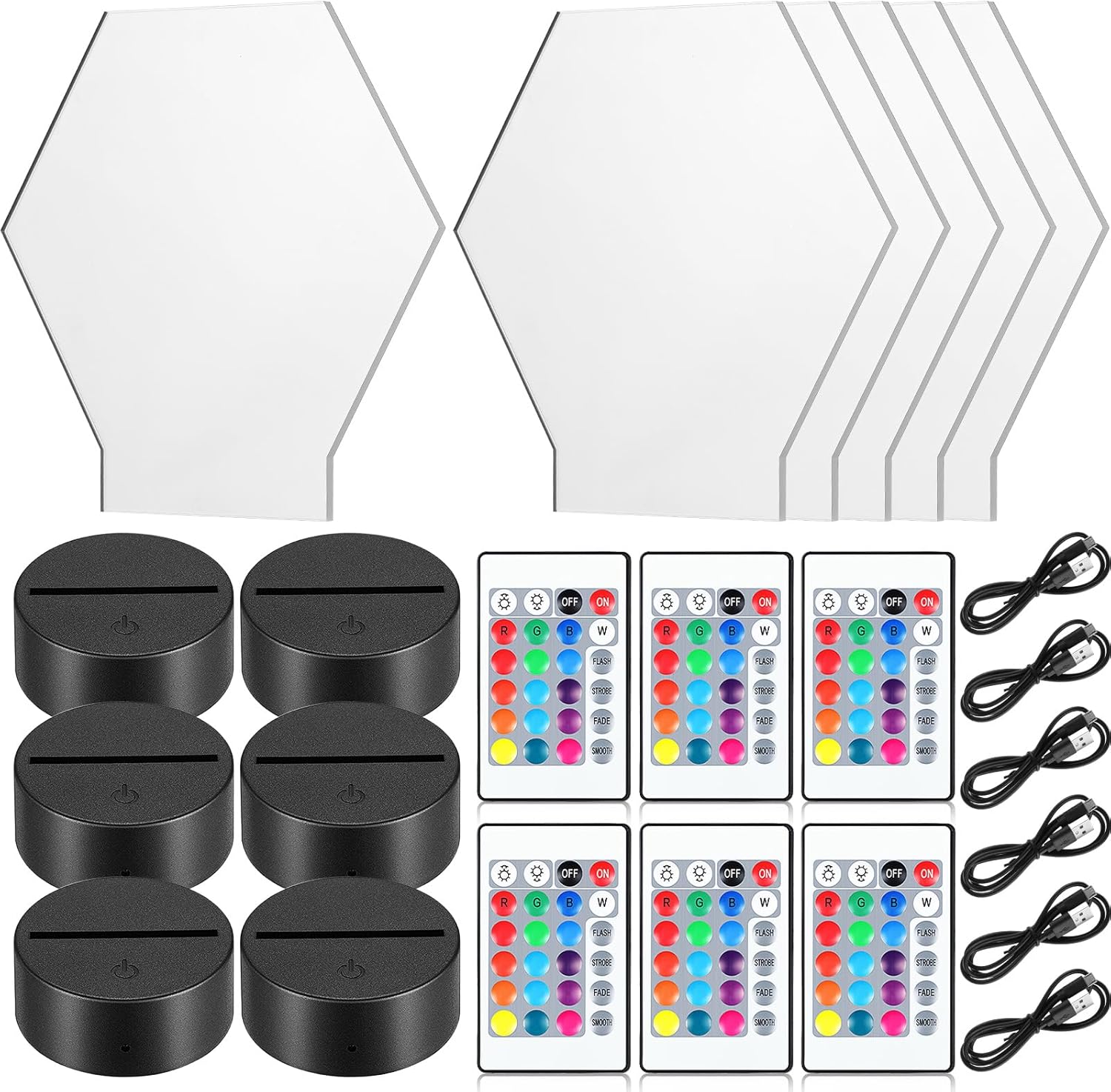 Honoson 6 Sets 3D Night LED Light Lamp Base Clear Acrylic Sheets Remote Controls and USB Charging Cables for Restaurant Bar Cafe Shop Room Decoration(Square Style)